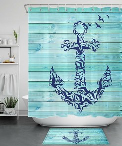 Coastal Teal Rustic Planks Anchor Shower Curtain for Seaside Feel