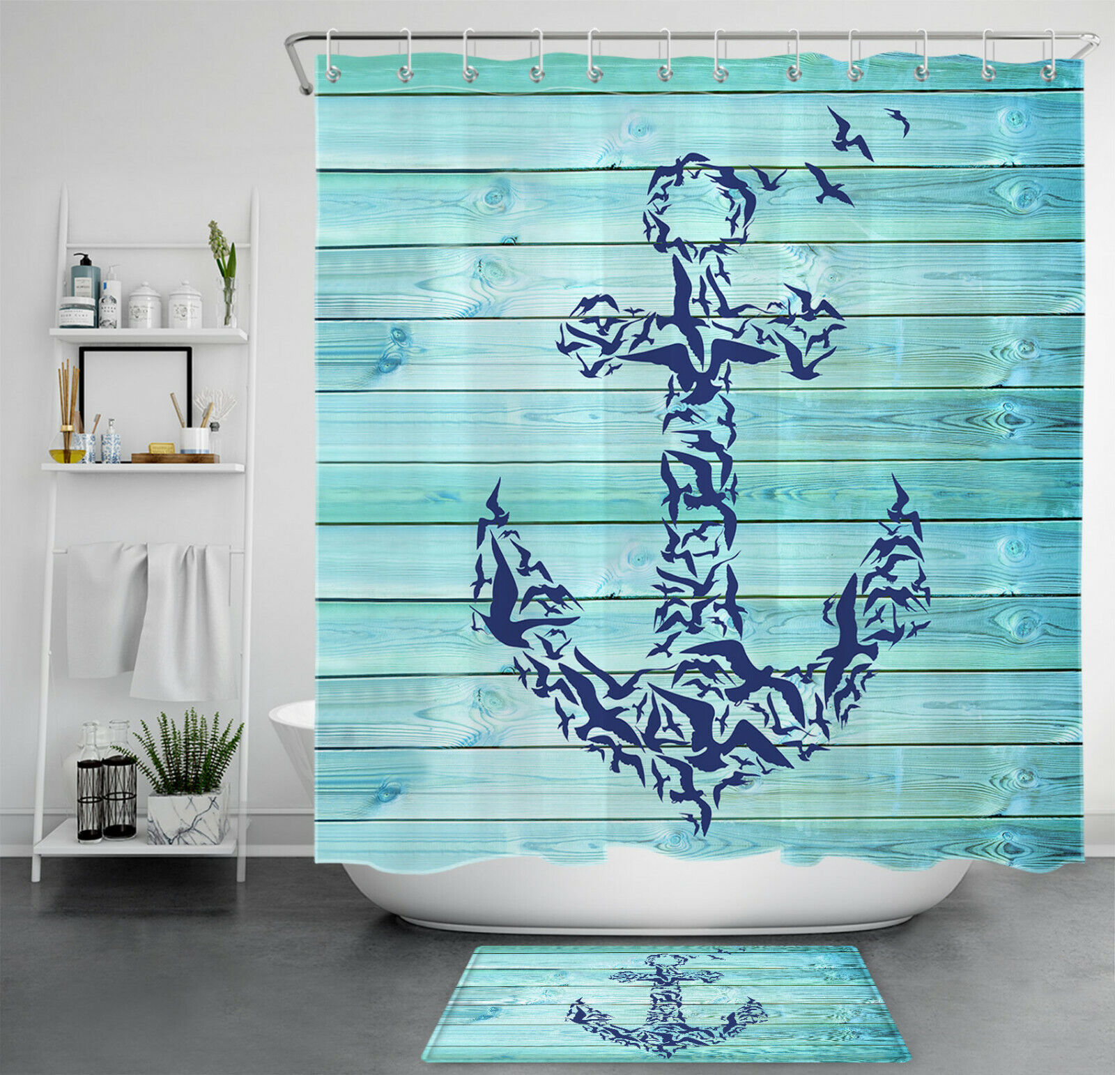 Coastal Teal Rustic Planks Anchor Shower Curtain for Seaside Feel