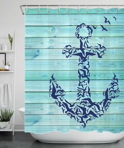 Coastal Teal Rustic Planks Anchor Shower Curtain for Seaside Feel