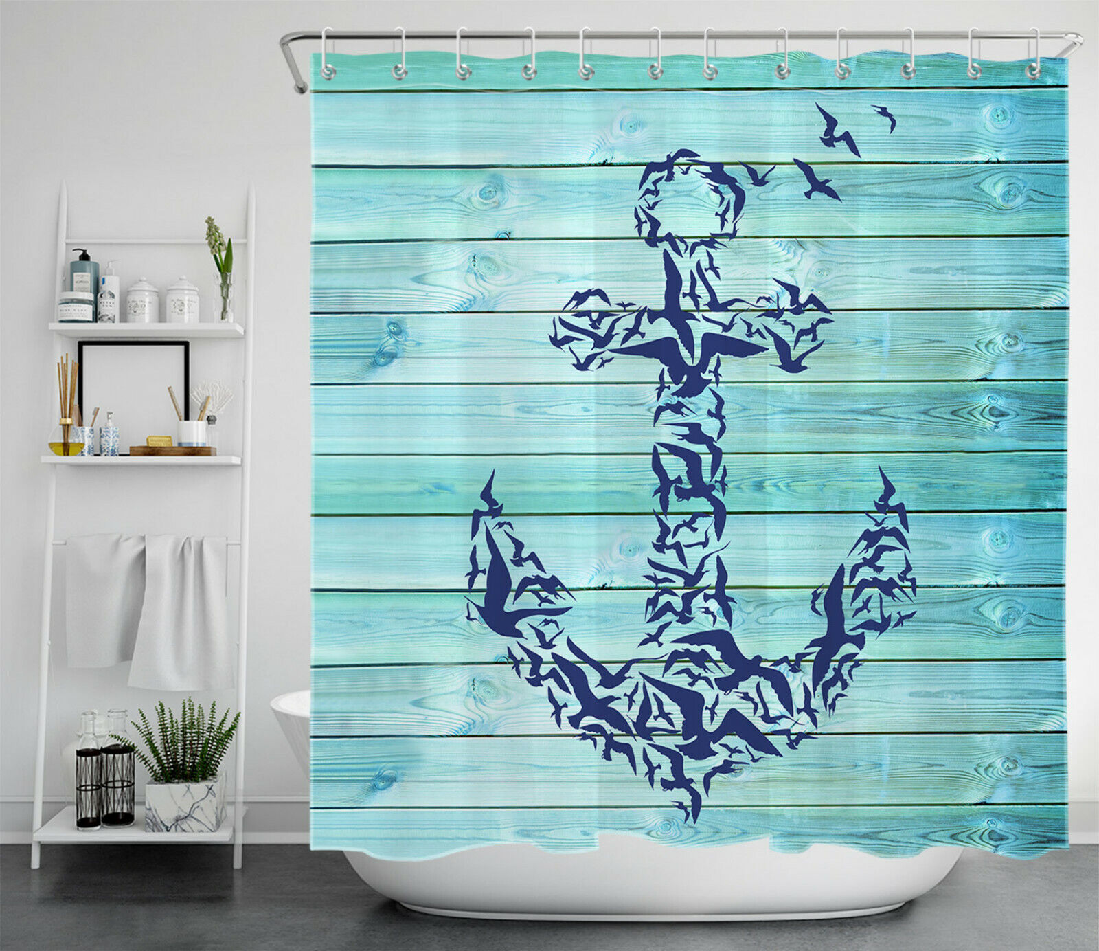 Coastal Teal Rustic Planks Anchor Shower Curtain for Seaside Feel