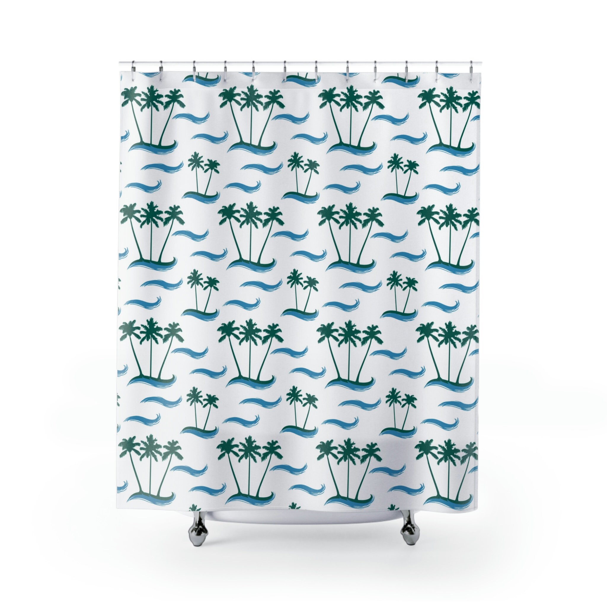 Coastal Theme Palm Trees And Ocean Pattern Shower Curtain For Beach House Decor