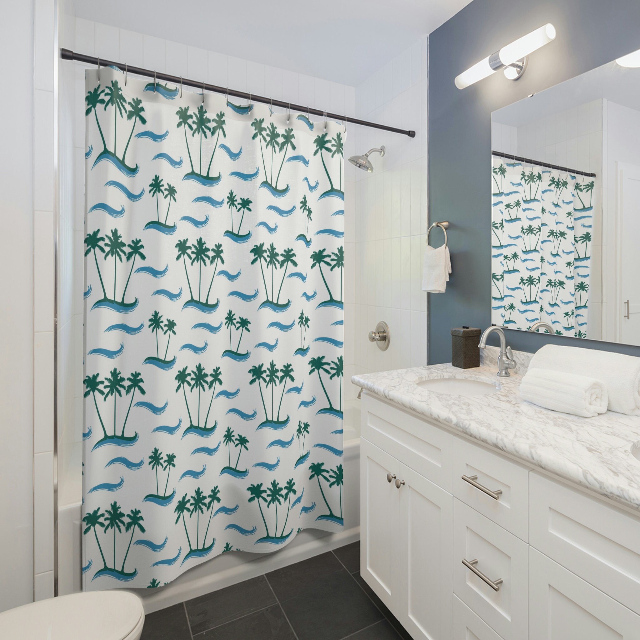 Coastal Theme Palm Trees And Ocean Pattern Shower Curtain For Beach House Decor - Image 2