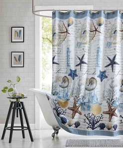 Coastal Under The Sea Print Shower Curtain With Microfiber Accents, Waterproof Fabric
