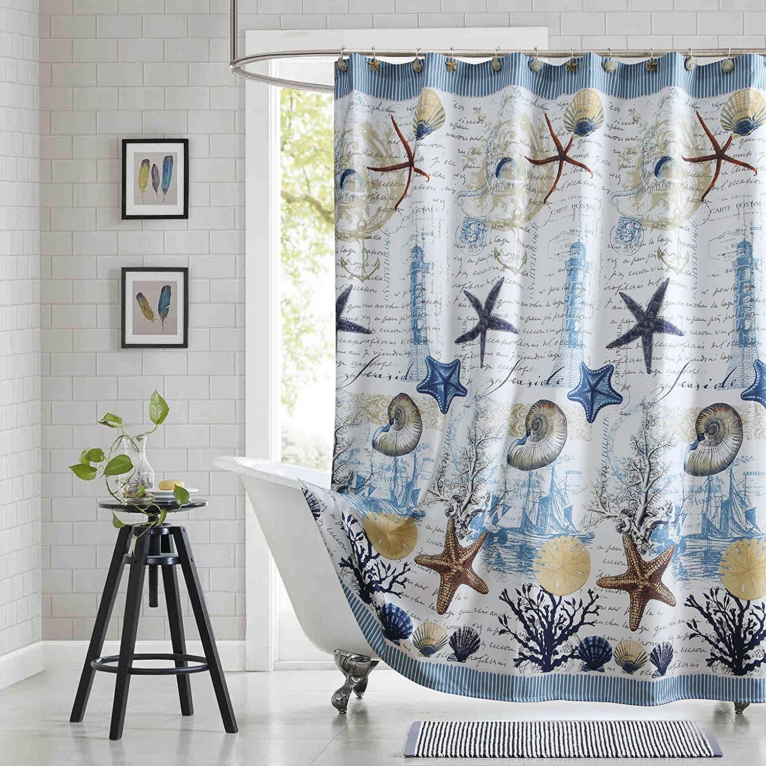 Coastal Under The Sea Print Shower Curtain With Microfiber Accents, Waterproof Fabric