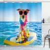 Coastal Wave Surfing Shower Curtain, Dog In Ocean With Cool Puppy Swimming And Comic Picture