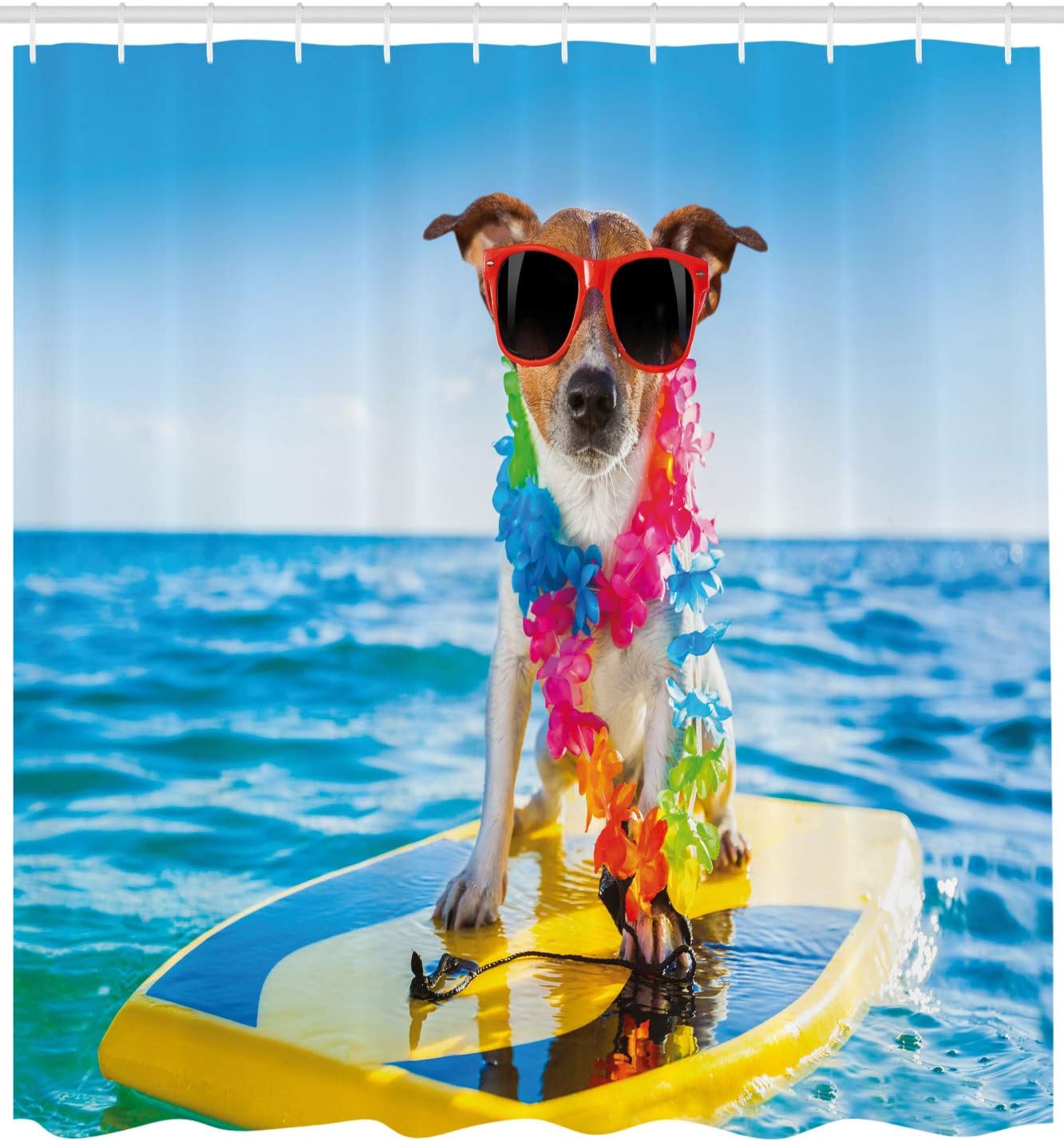 Coastal Wave Surfing Shower Curtain, Dog In Ocean With Cool Puppy Swimming And Comic Picture - Image 2
