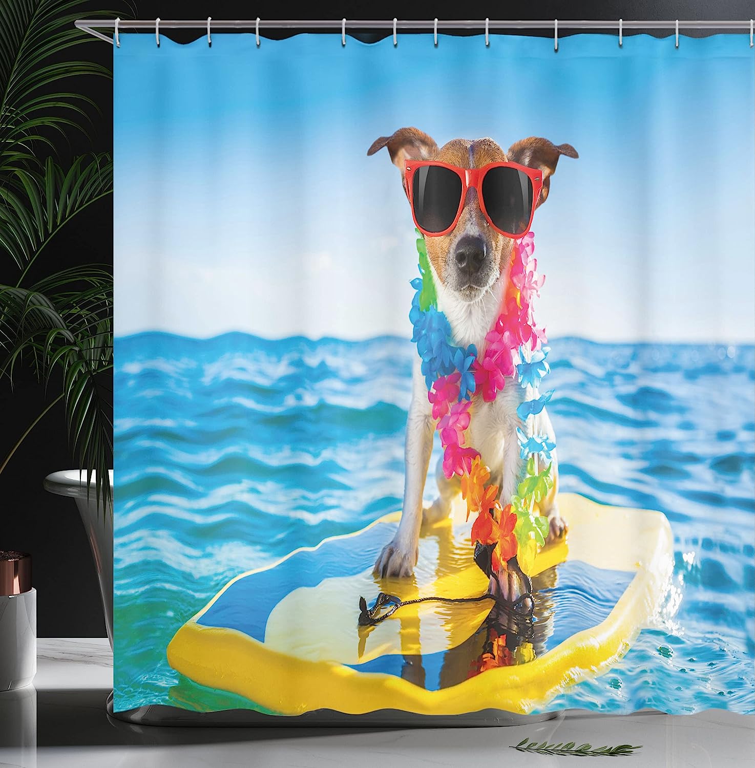 Coastal Wave Surfing Shower Curtain, Dog In Ocean With Cool Puppy Swimming And Comic Picture - Image 3