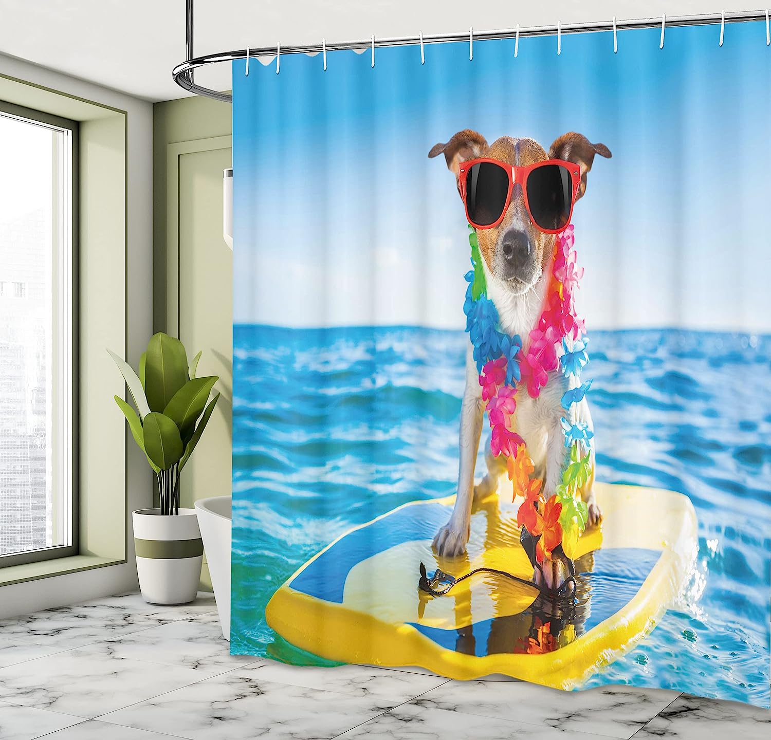 Coastal Wave Surfing Shower Curtain, Dog In Ocean With Cool Puppy Swimming And Comic Picture - Image 4