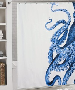 Coastal and Machine Washable Octopus Silhouette Shower Curtain.