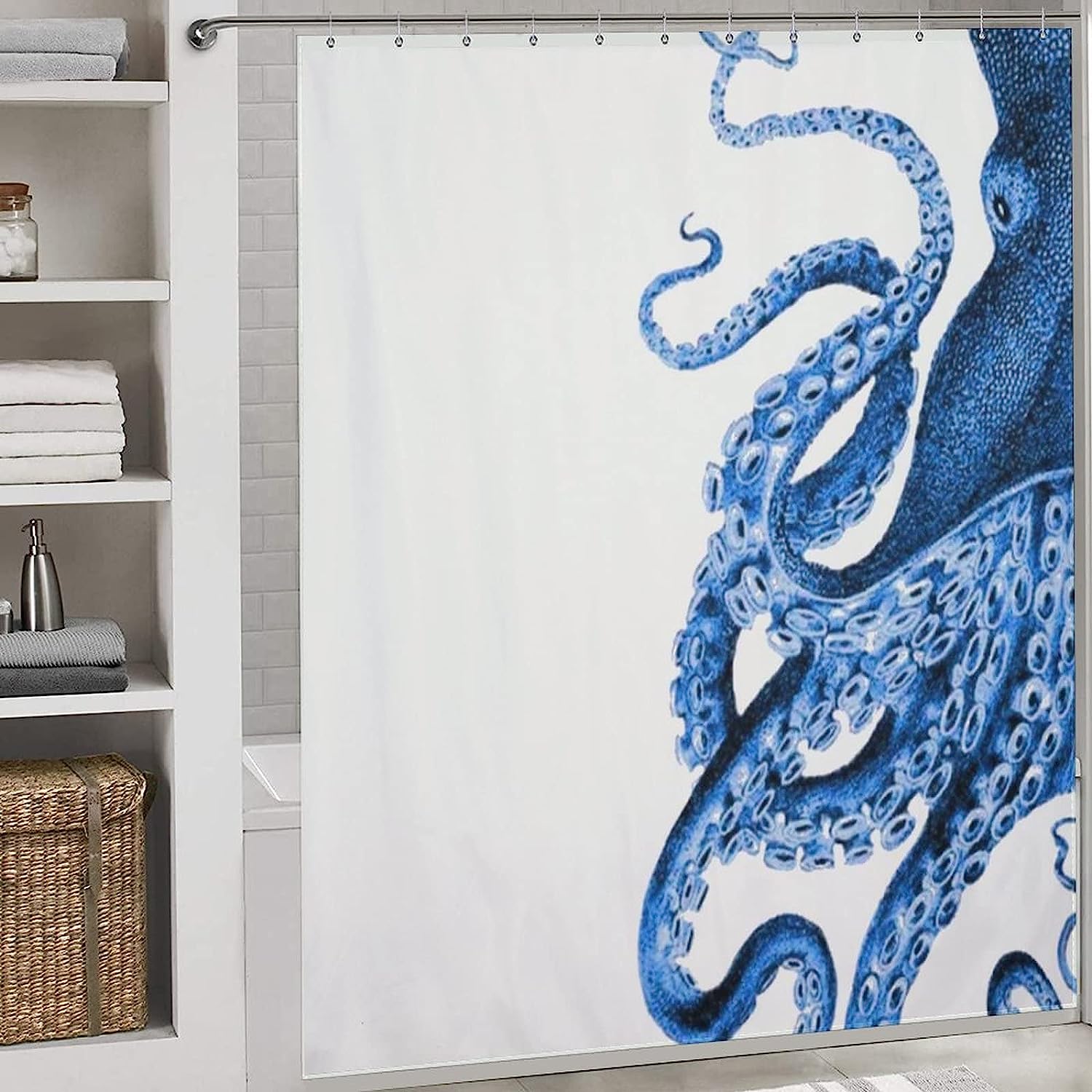 Coastal and Machine Washable Octopus Silhouette Shower Curtain.