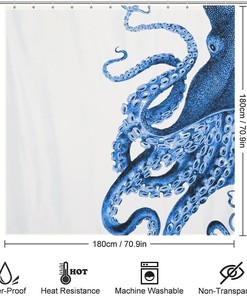 Coastal and Machine Washable Octopus Silhouette Shower Curtain.