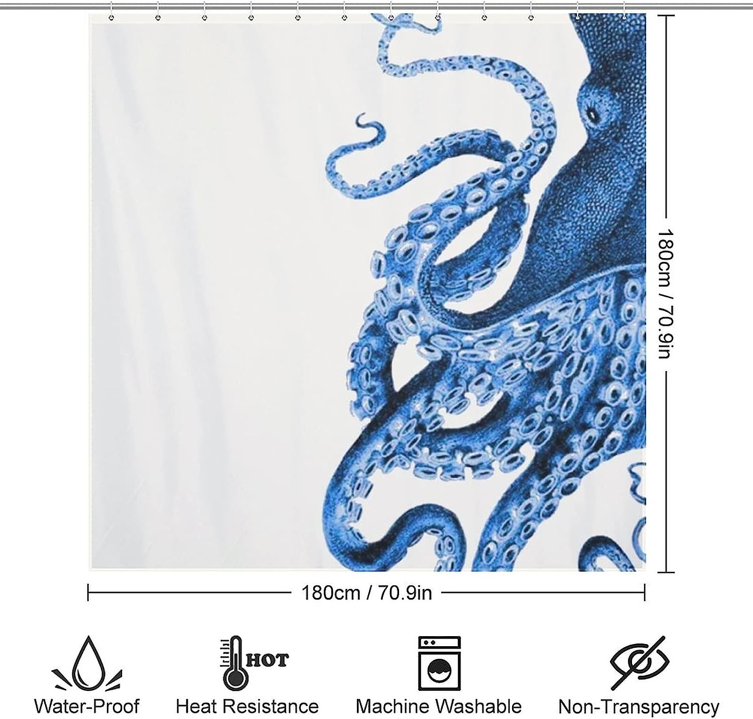 Coastal and Machine Washable Octopus Silhouette Shower Curtain.