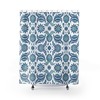Cobalt Blue Green and White Arabesque Pattern Shower Curtain with Abstract Geometric Art 