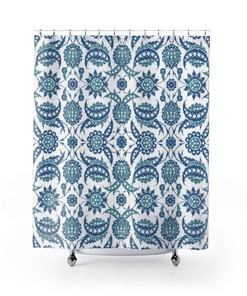 Cobalt Blue Green and White Arabesque Pattern Shower Curtain with Abstract Geometric Art 