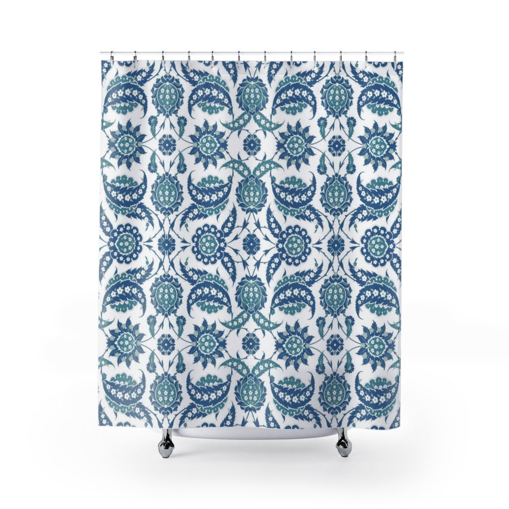 Cobalt Blue Green and White Arabesque Pattern Shower Curtain with Abstract Geometric Art