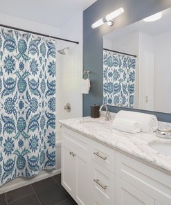 Cobalt Blue Green and White Arabesque Pattern Shower Curtain with Abstract Geometric Art