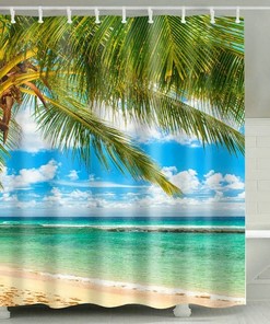 Coconut Tree Beach Shower Curtain, Modern Waterproof Fabric For Bathroom Decor