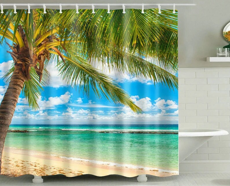 Coconut Tree Beach Shower Curtain, Modern Waterproof Fabric For Bathroom Decor