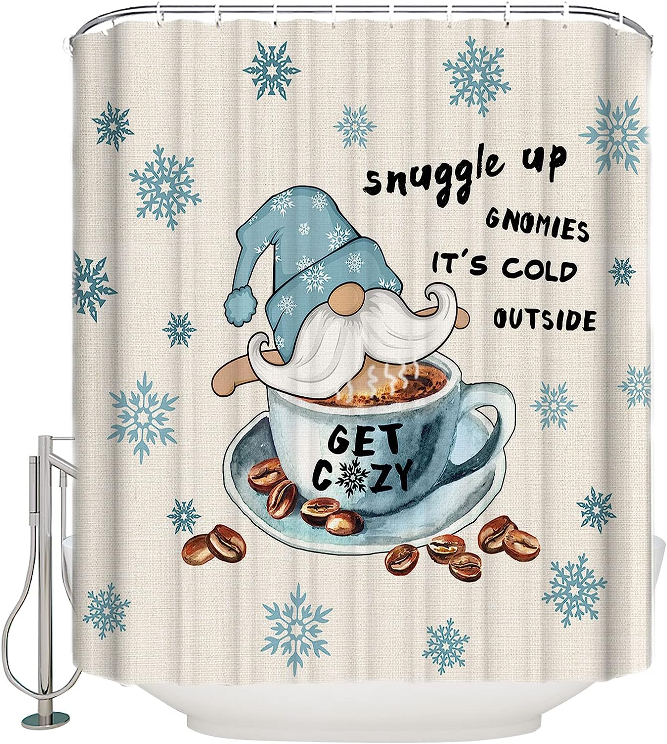 Coffee Theme Snowflake Gnome Shower Curtain For Cozy Bathroom Decor