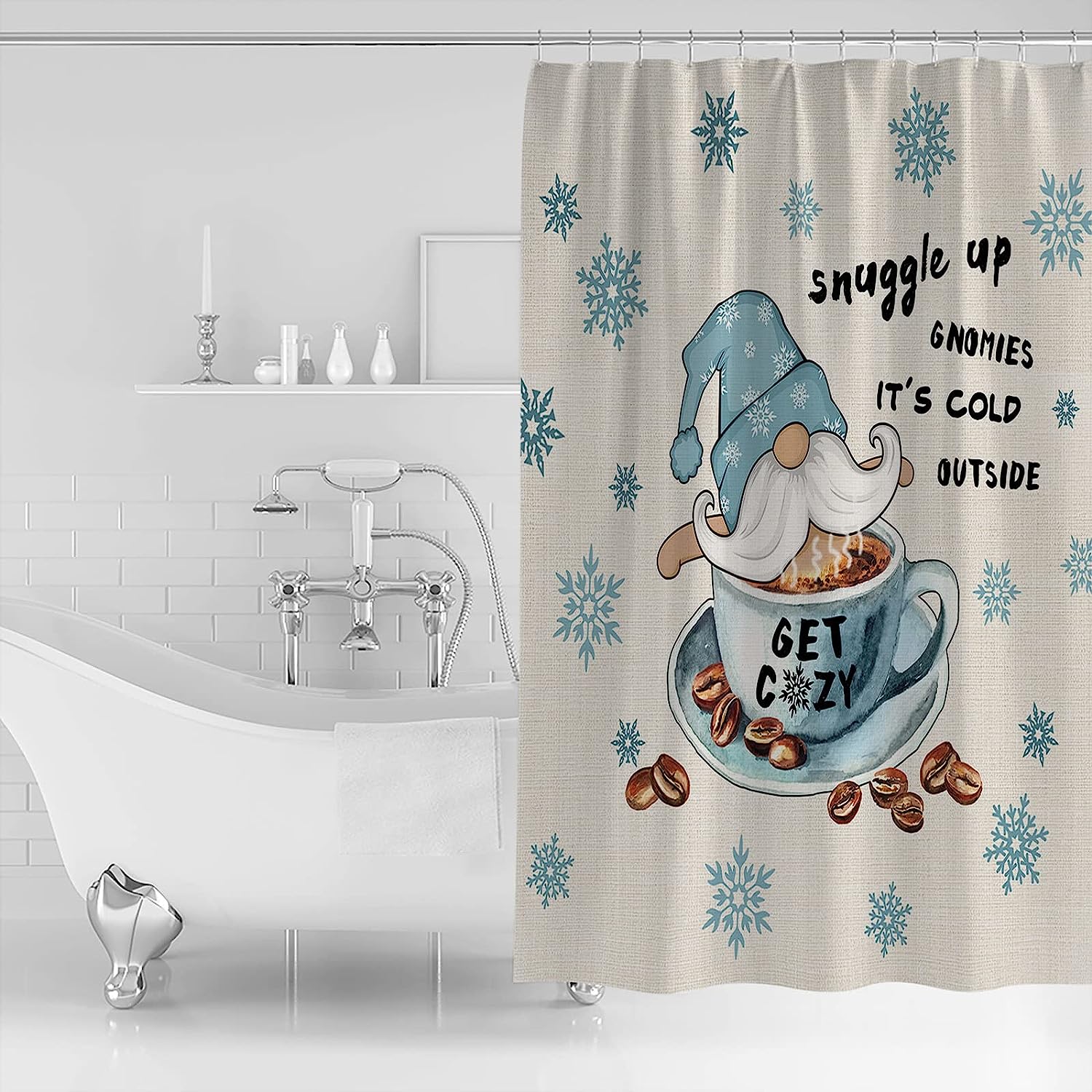 Coffee Theme Snowflake Gnome Shower Curtain For Cozy Bathroom Decor - Image 2
