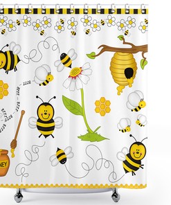 Collage Shower Curtain With Flying Bees Daisy Honey Chamomile Flowers Pollen Springtime Animal Print For Bathroom Decor