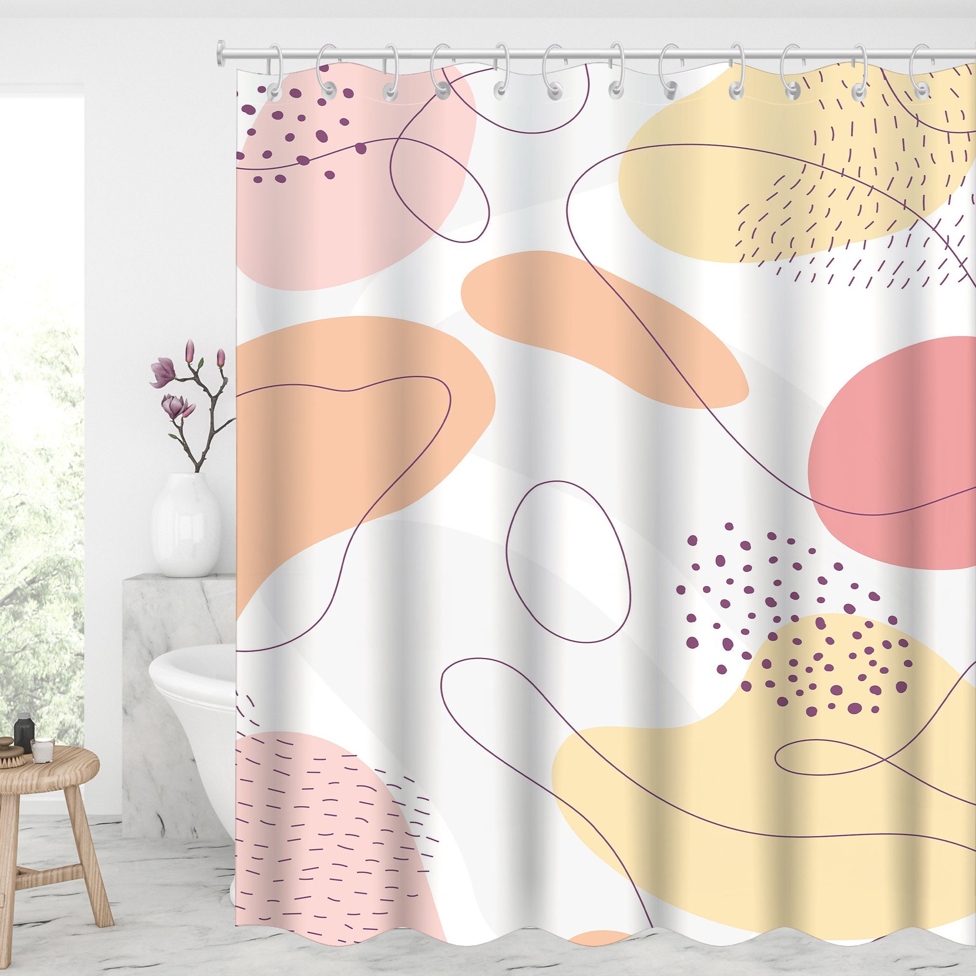 Color Block Shower Curtain With Geometry Pattern For Boho Bathroom Decor