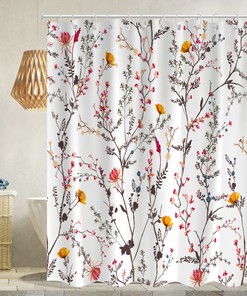 Color Flowers Green Branches Shower Curtain With Modern Fabric For Bathroom Decor
