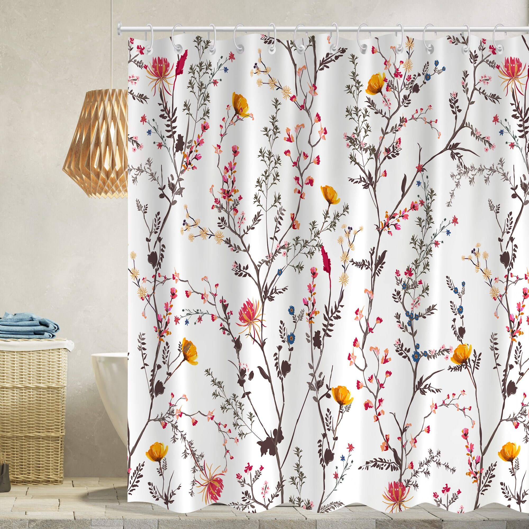 Color Flowers Green Branches Shower Curtain With Modern Fabric For Bathroom Decor