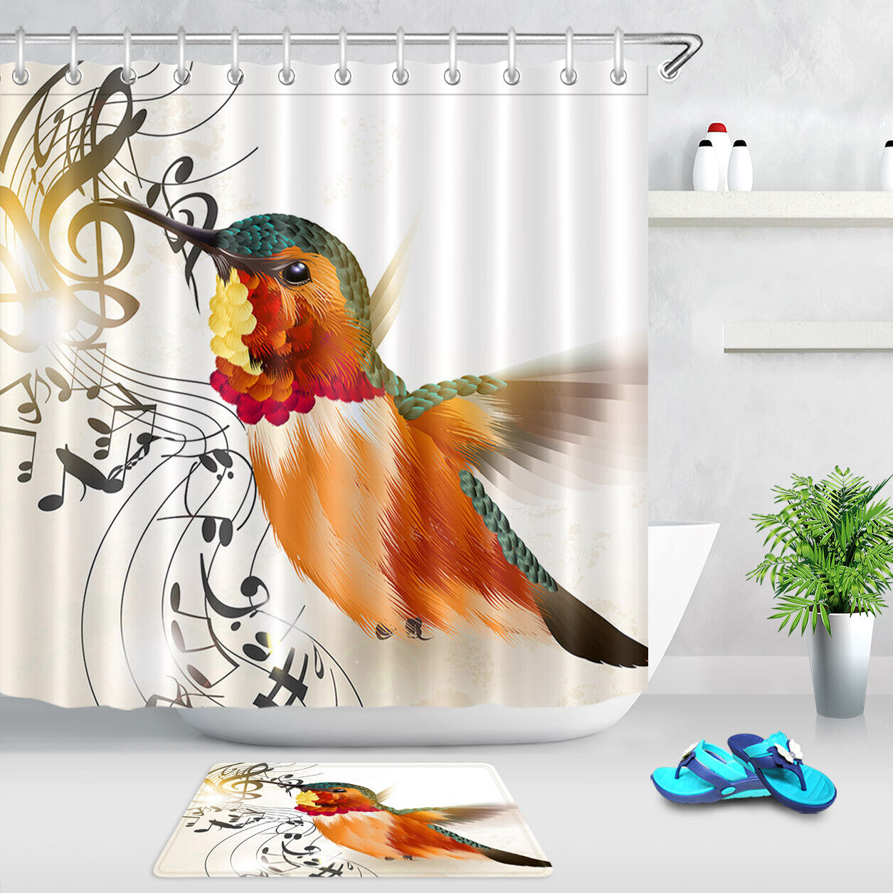 Color Hummingbird Music Notes Shower Curtain For Music And Bird Lovers