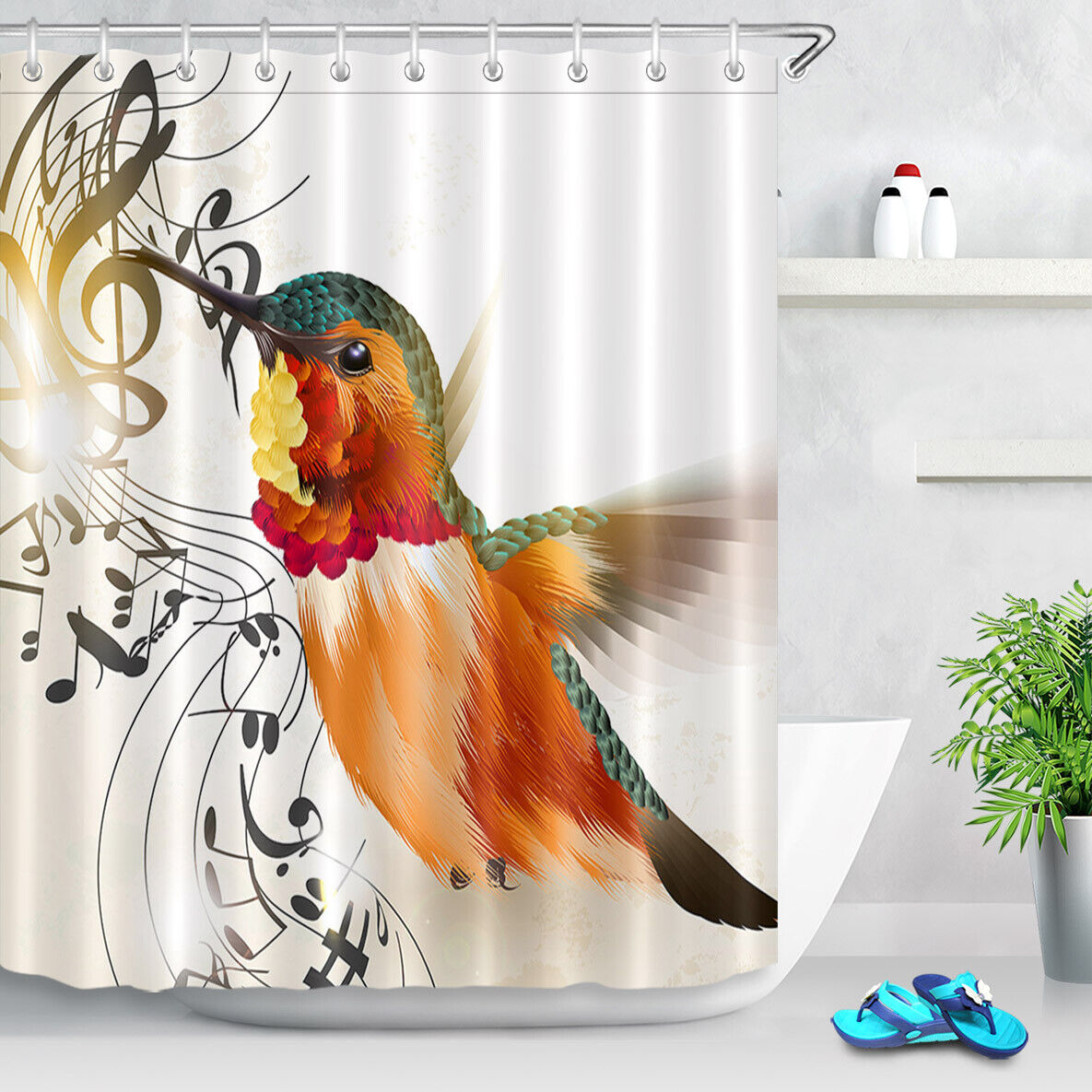 Color Hummingbird Music Notes Shower Curtain For Music And Bird Lovers - Image 2