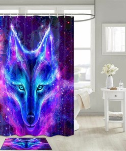 Color Wolf Head Shower Curtain with Starry Theme