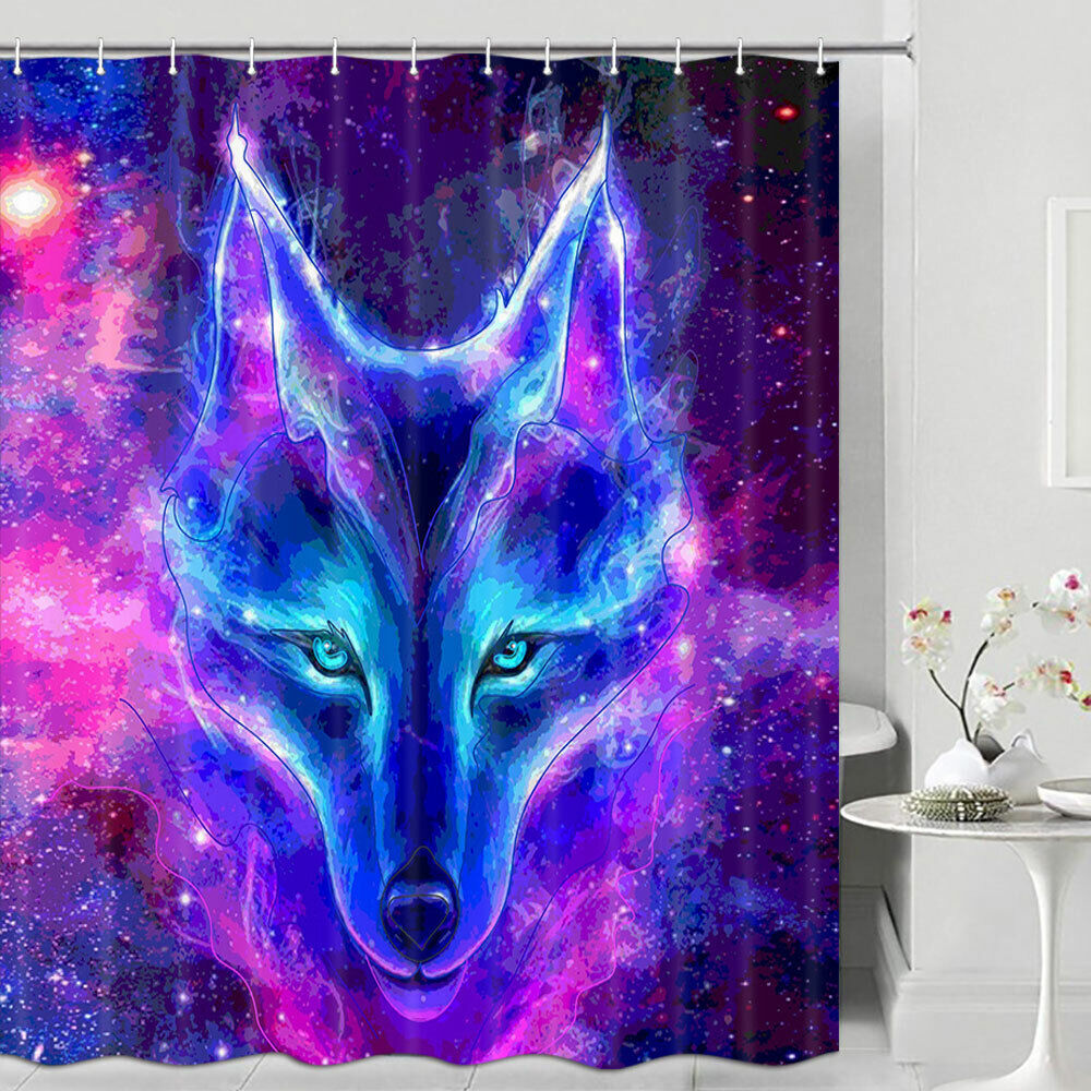 Color Wolf Head Shower Curtain with Starry Theme