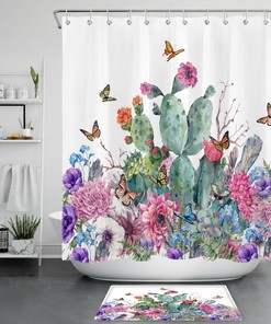 Colored Butterfly Cactus Flower Shower Curtain for A Whimsical Touch in Your Bathroom