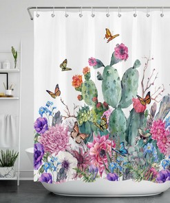 Colored Butterfly Cactus Flower Shower Curtain for A Whimsical Touch in Your Bathroom