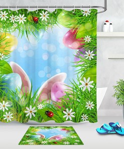 Colored Easter Eggs Spring Green Grass Ladybug Shower Curtain For Spring Bathroom Decor