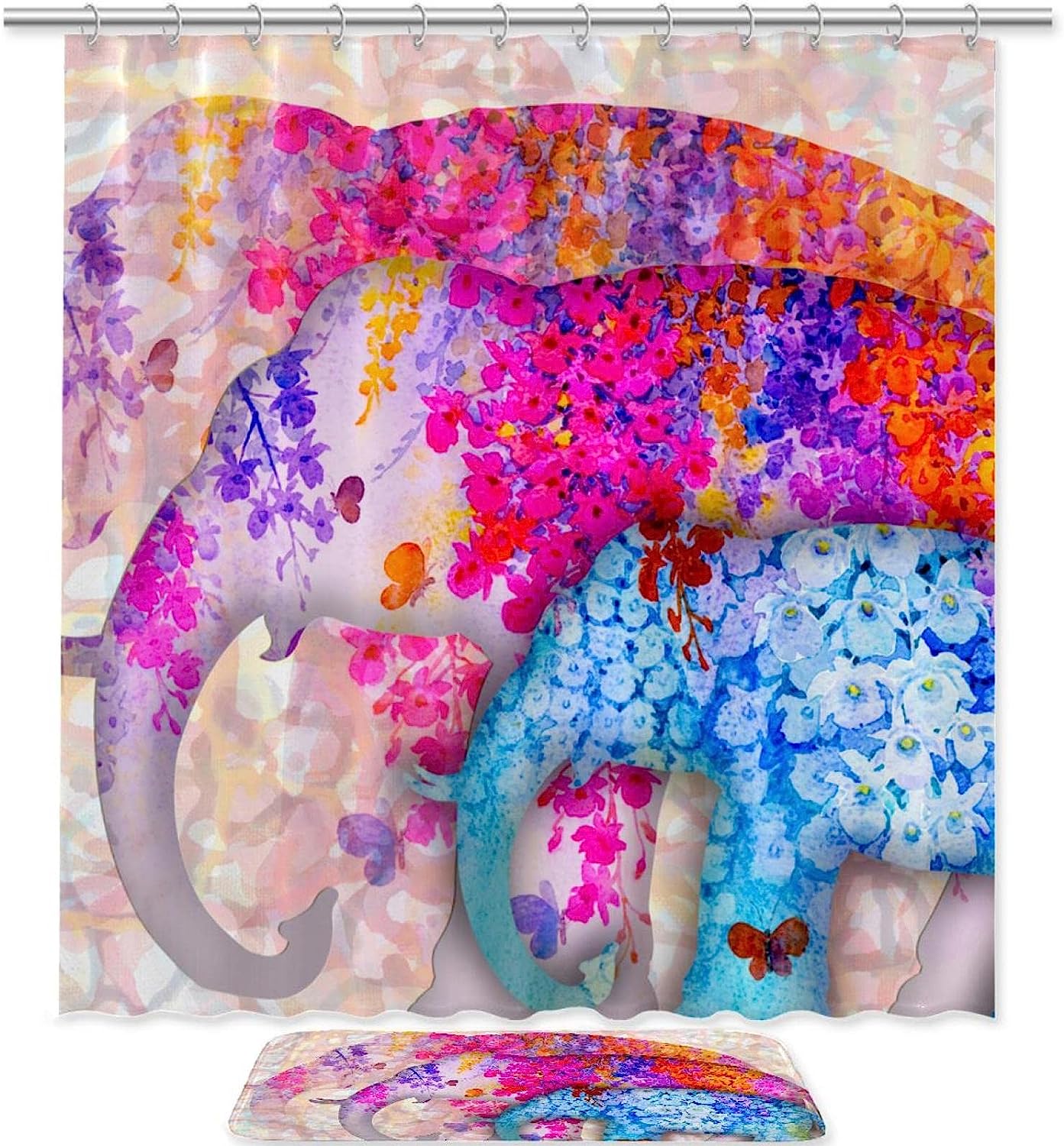 Colored Elephant Flower Waterproof Shower Curtain For Nature Inspired Bathroom