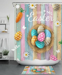 Colored Planks Easter Flower Egg Carrot Shower Curtain For Bathroom Decor