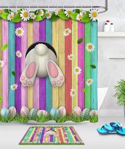 Colored Wood Plank Easter Rabbit Shower Curtain With Flowers For Bathroom Decor