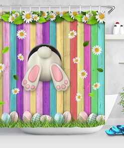 Colored Wood Plank Easter Rabbit Shower Curtain With Flowers For Bathroom Decor