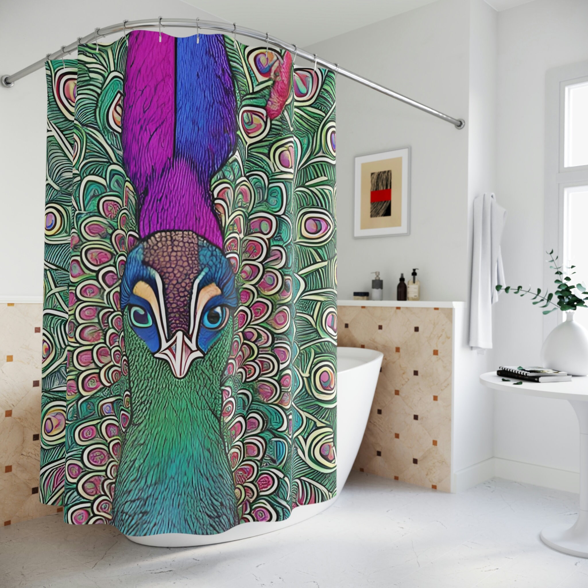 Colorful Ai Art Cosmic Peacock Print Shower Curtain For Bold Bathroom Decor