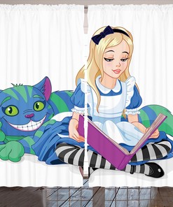 Colorful Alice Reading A Book Cat Cartoon Curtain Set - Living Room Bedroom Window Drapes