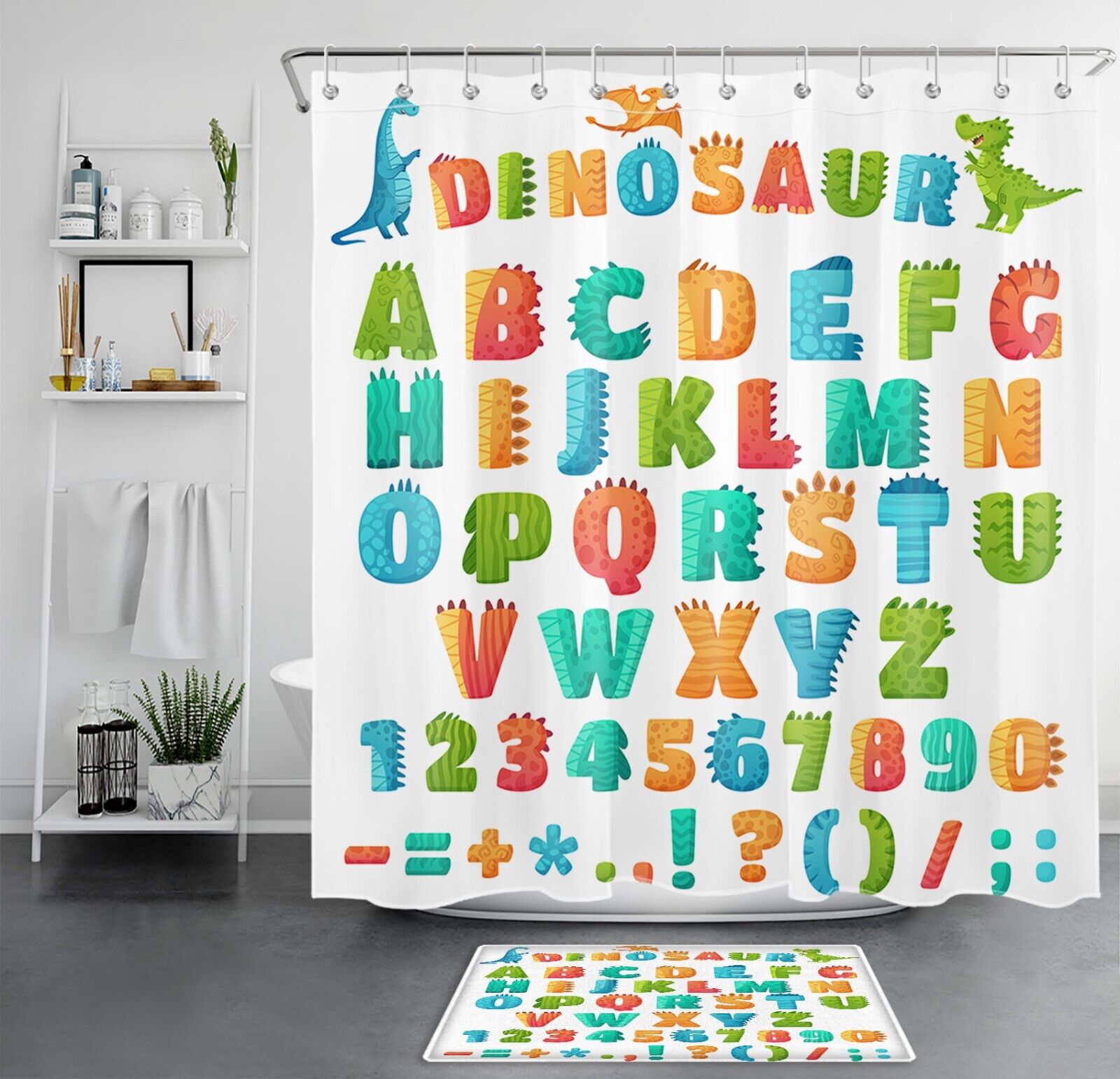 Colorful Alphabet Cartoon Dinosaur Shower Curtain - Fun And Cute Bathroom Decor For Kids