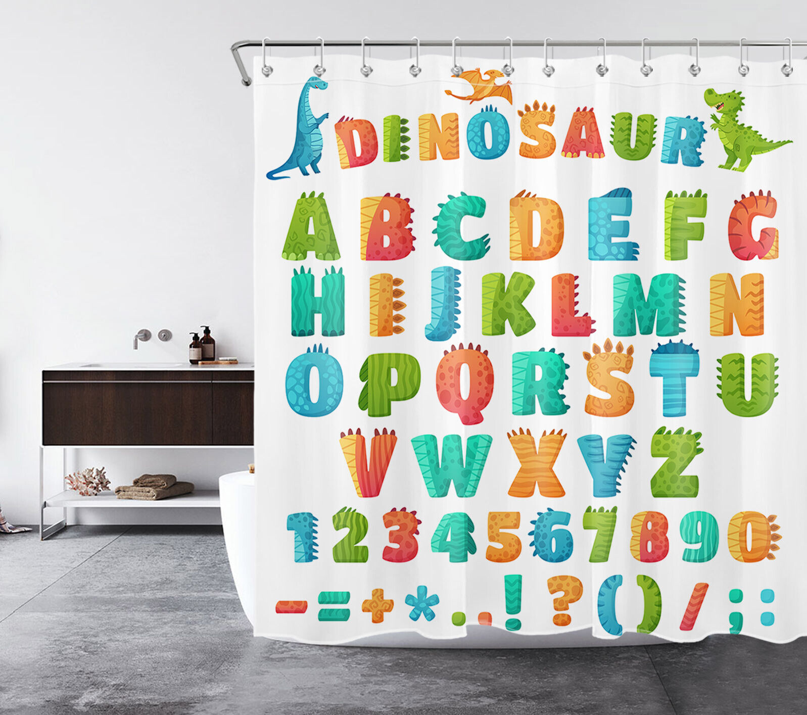 Colorful Alphabet Cartoon Dinosaur Shower Curtain - Fun And Cute Bathroom Decor For Kids