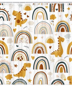 Colorful And Dreamy Dinosaur Rainbow Rain Heart Star Fabric Shower Curtain For A Fun Bathroom Decor
