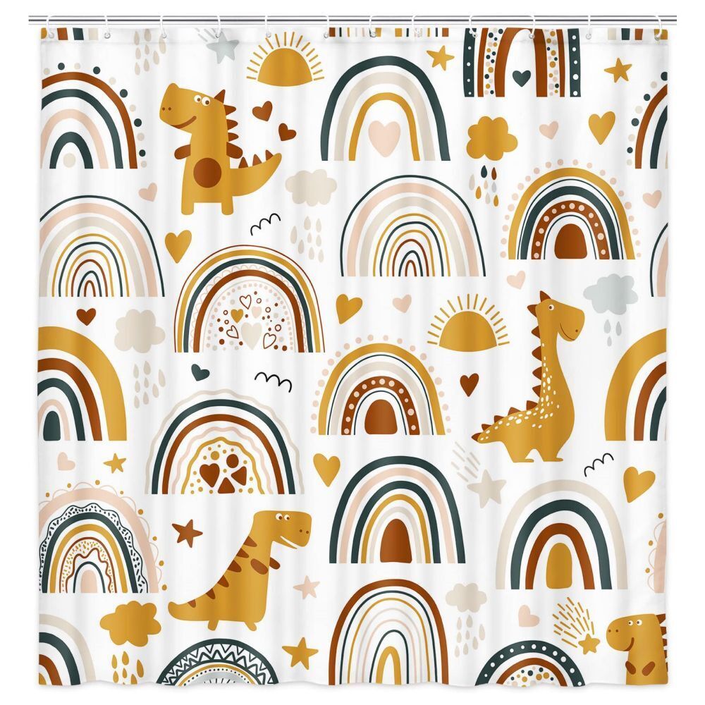 Colorful And Dreamy Dinosaur Rainbow Rain Heart Star Fabric Shower Curtain For A Fun Bathroom Decor