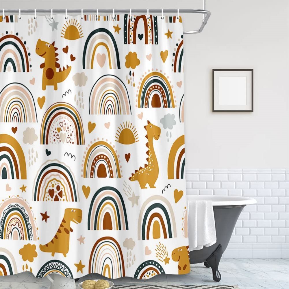 Colorful And Dreamy Dinosaur Rainbow Rain Heart Star Fabric Shower Curtain For A Fun Bathroom Decor - Image 2