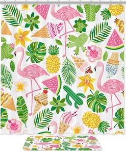 Colorful And Fun Shower Curtain With Flamingos, Leaves, And Ice Cream Accents, Perfect Bathroom Decor For Kids