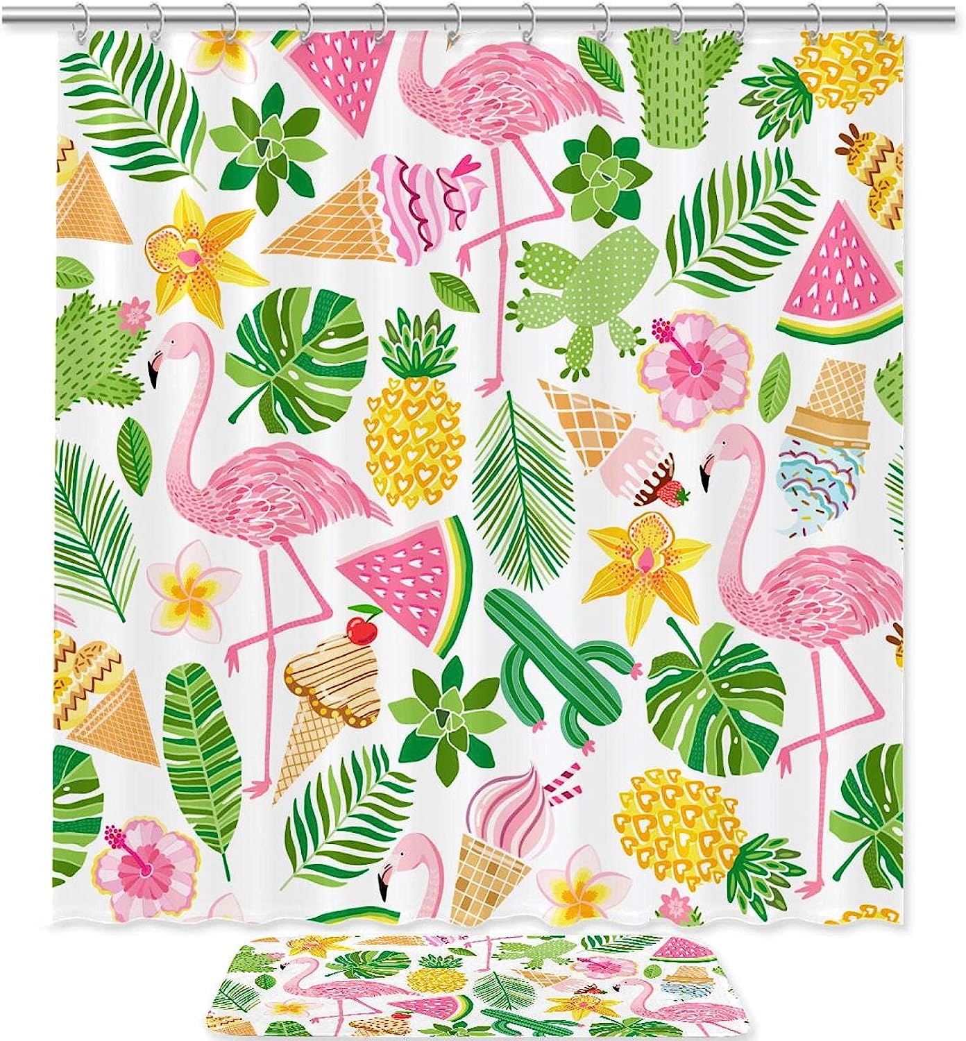 Colorful And Fun Shower Curtain With Flamingos, Leaves, And Ice Cream Accents, Perfect Bathroom Decor For Kids