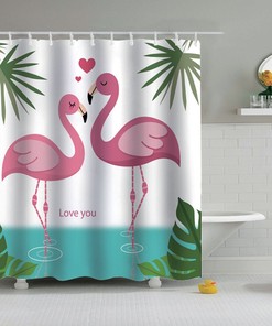 Colorful And Playful Shower Curtain With Pink Flamingo Couple Love Design, Perfect Bathroom Decor For Animal Lovers