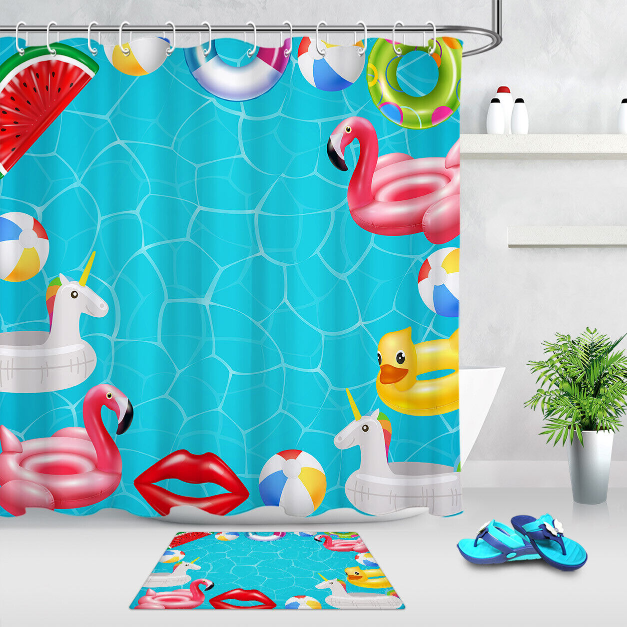 Colorful And Vibrant Swimming Flamingo Shower Curtain, Perfect Bathroom Decor For Animal Lovers